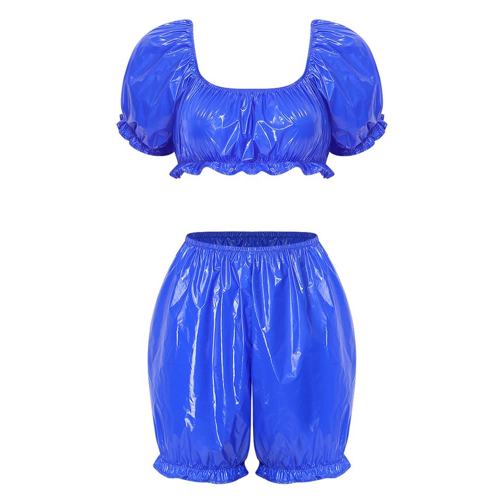 Womens Waterproof Vinyl Ruffled Pajamas Set Short Puff Sleeve Crop Top Bloomers Shorts