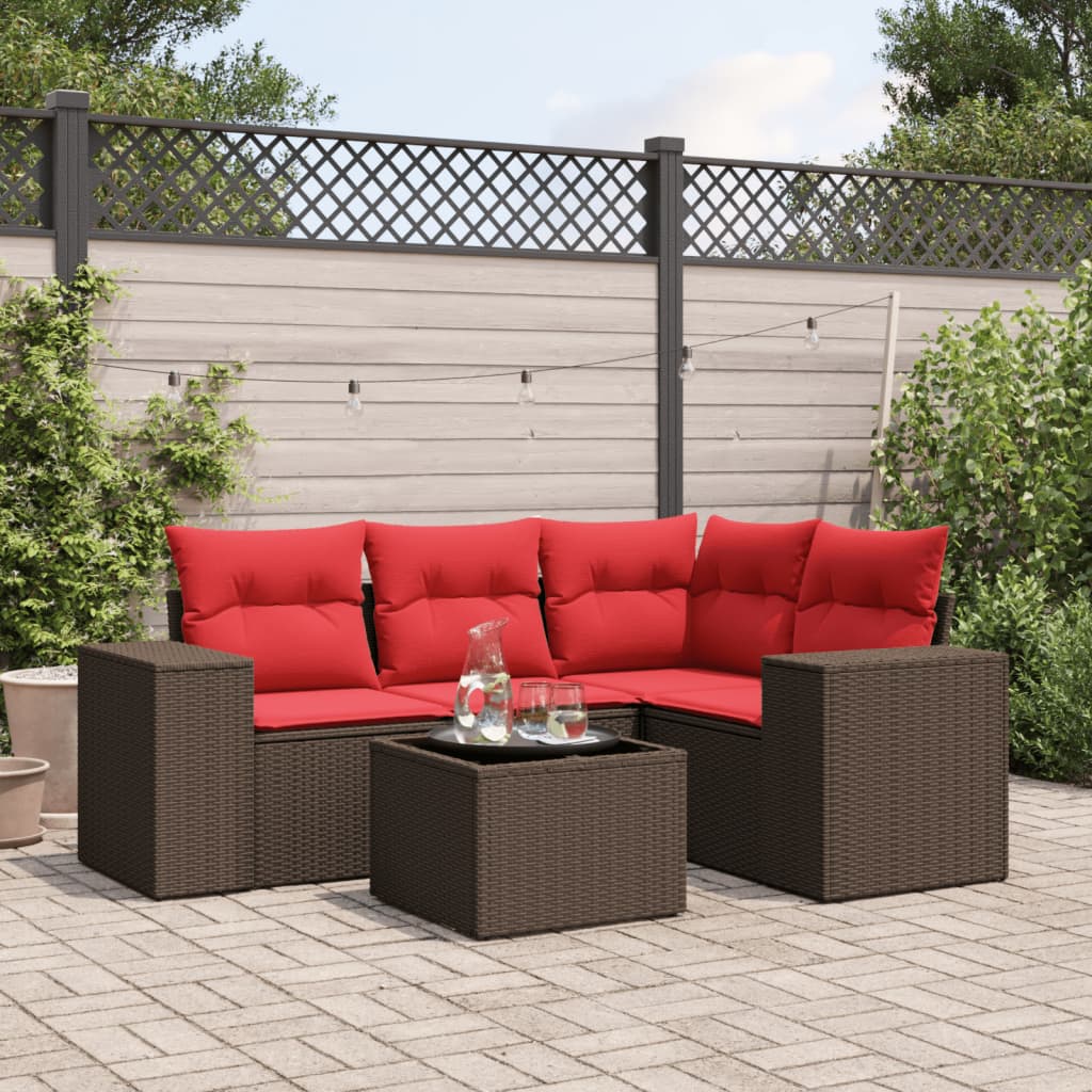 5 Piece Garden Sofa Set with Cushions Brown Poly Rattan