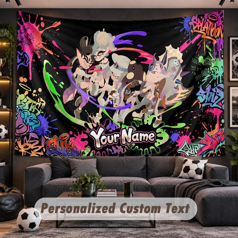 Wall Hanging Tapestry Custom NameSplatoon Pattern Personalized Printed Fabric Wall Decor