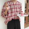 Women Loose-fitting Plaid Pattern Lantern Sleeves Three-quarter Sleeve Blouse