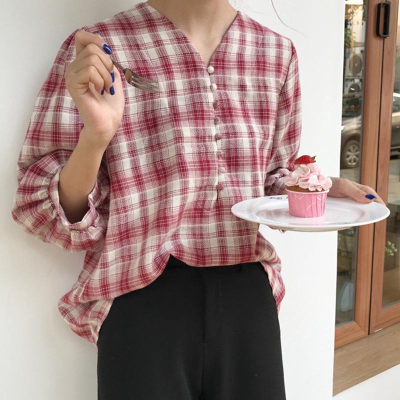 Women Loose-fitting Plaid Pattern Lantern Sleeves Three-quarter Sleeve Blouse