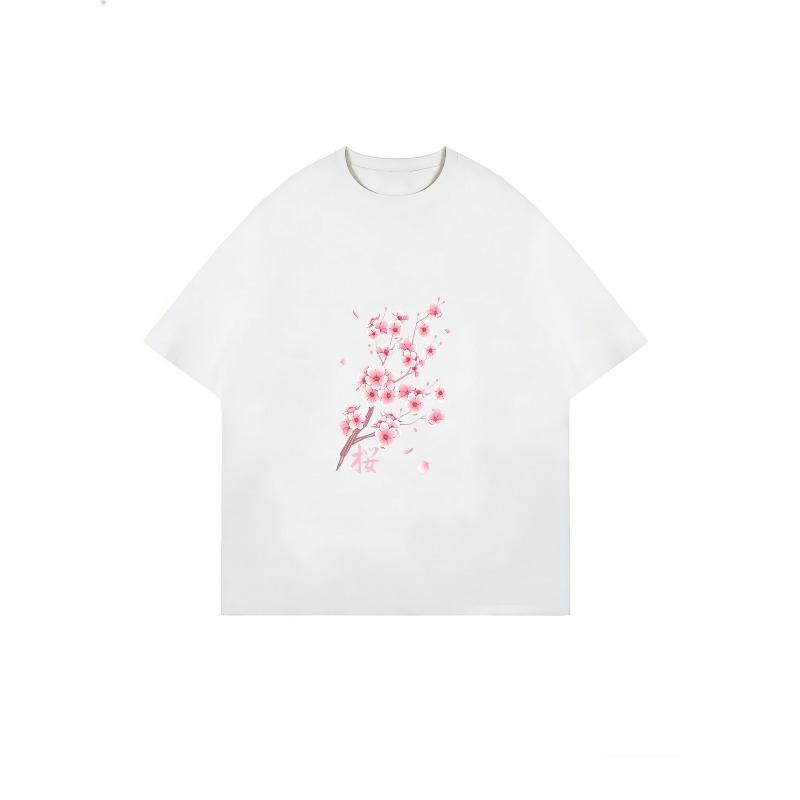 Weißes T-Shirt mit Kirschblütenprint für Damen, lässige Frühlings-Sommer-Kleidung