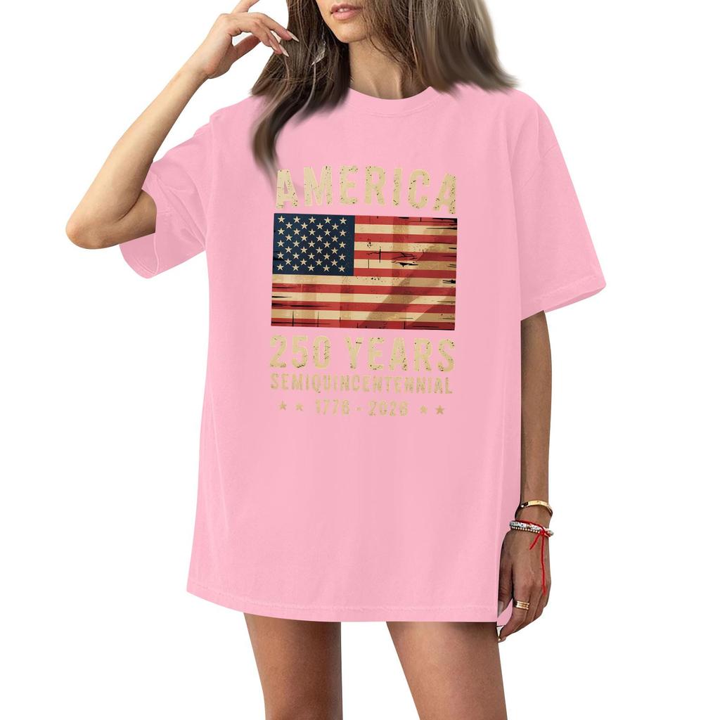 Women's Casual Fashion Round Neck Casual American Flag Print Short Sleeve T-Shirt Top