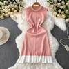 Spring Summer Beaded Knitted Mini Dress for Women Fashion Sleeveless Slimming Ruffle-Trimmed Sweater Dress