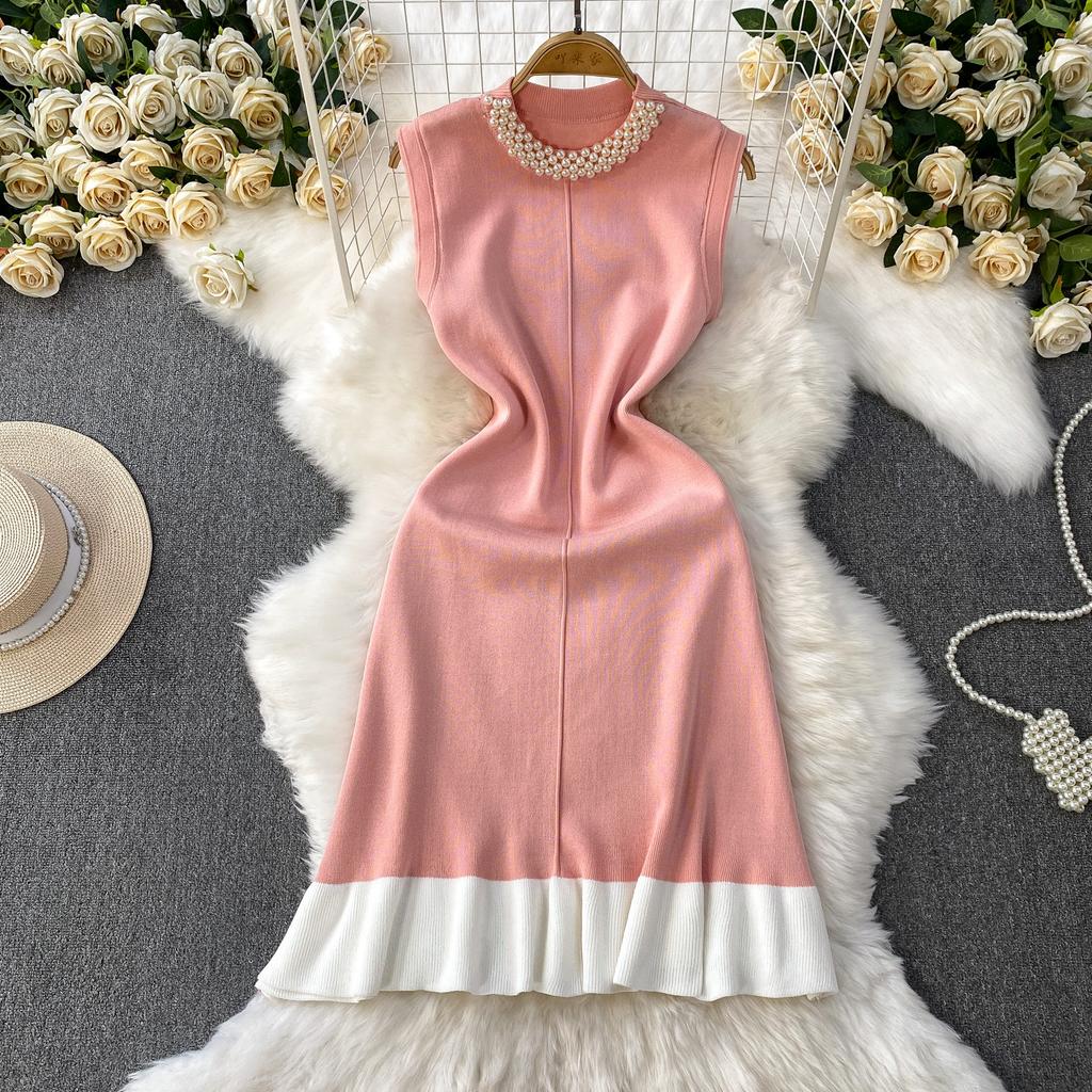 Spring Summer Beaded Knitted Mini Dress for Women Fashion Sleeveless Slimming Ruffle-Trimmed Sweater Dress