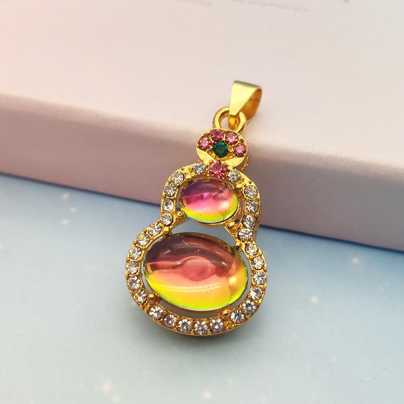 Gold-Inlaid Jade Gourd Pendant Necklace with Imitation Green Chalcedony and Diamond Enamel for Women