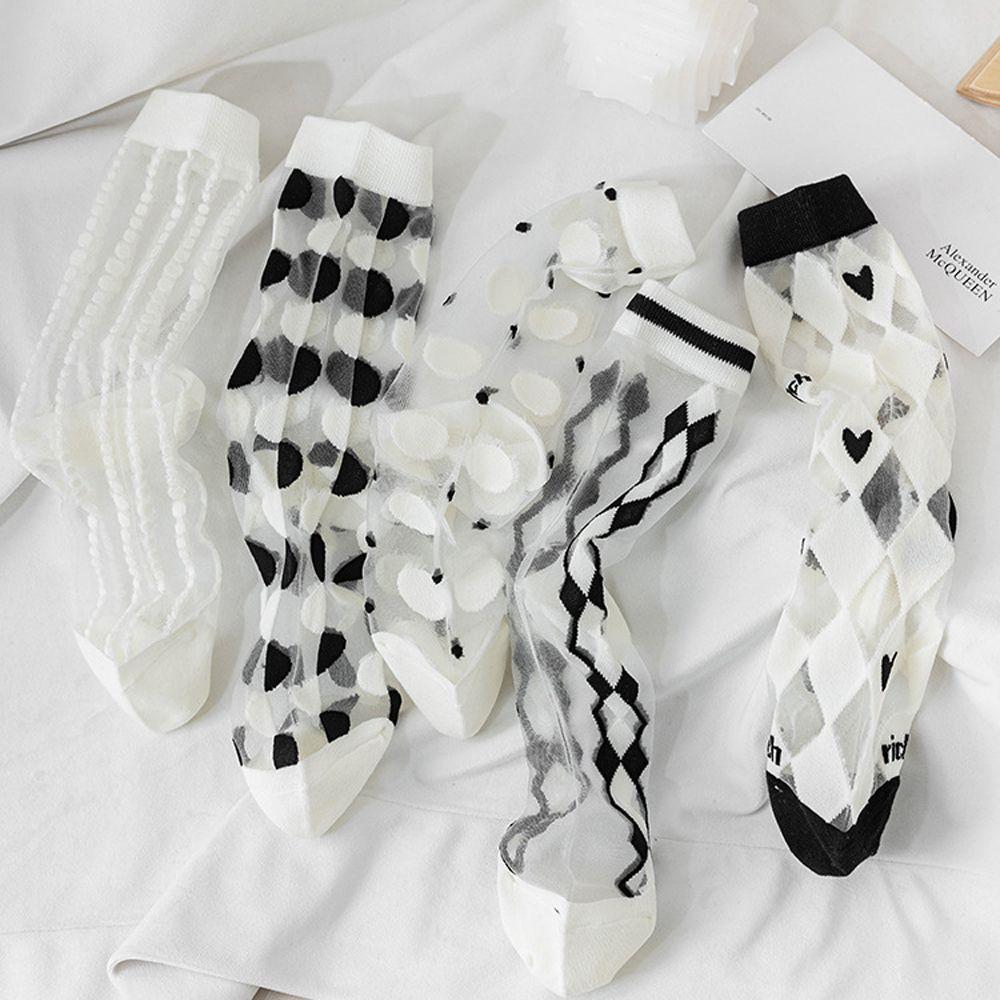 

Black And White Japanese Cotton Lingge Cute Medium Tube Crystal Silk Socks Female Socks Hosiery