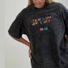 Retro Washed Black Cotton Tee with Colorful Letter Print