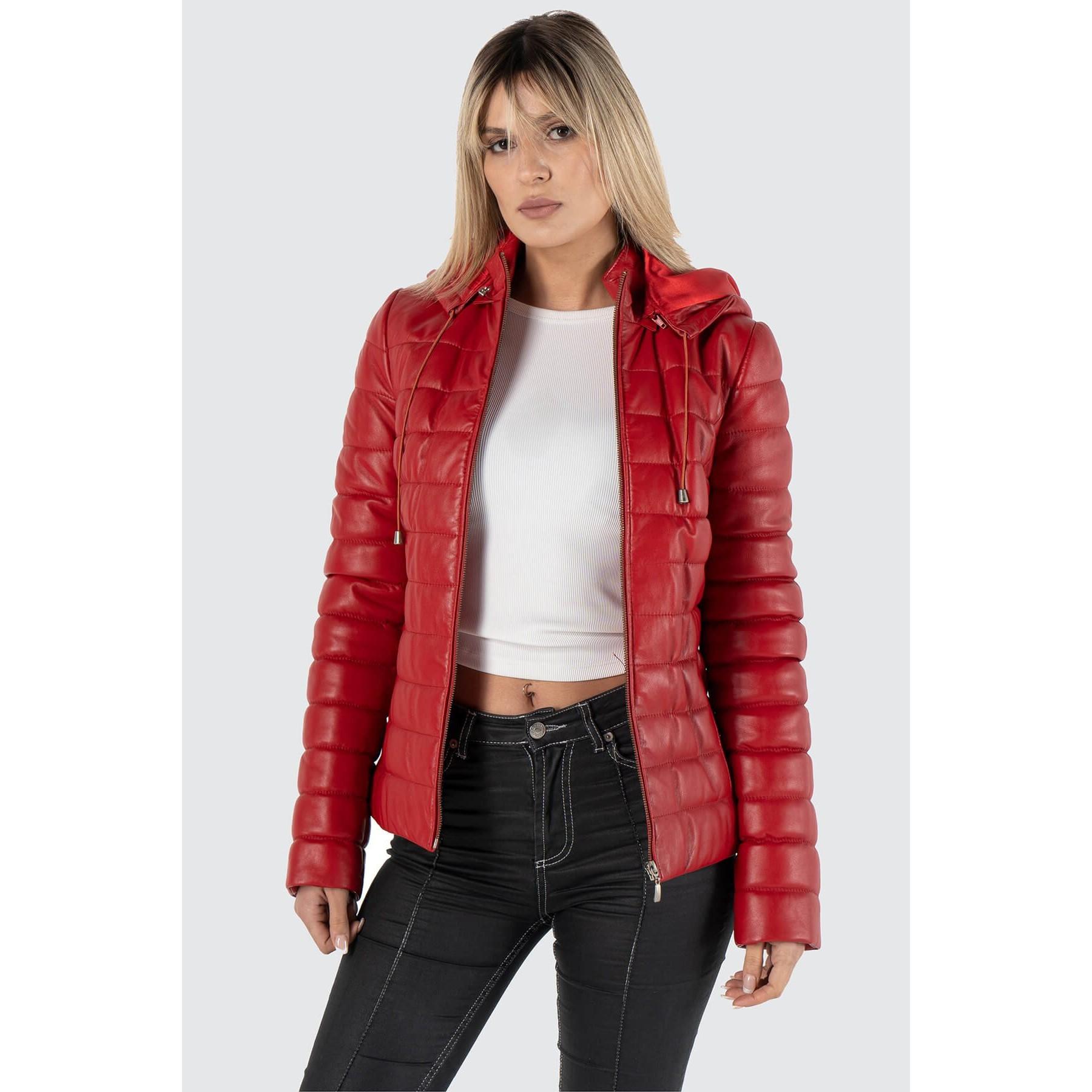 

Надувное женское красное пальто из натуральной кожи