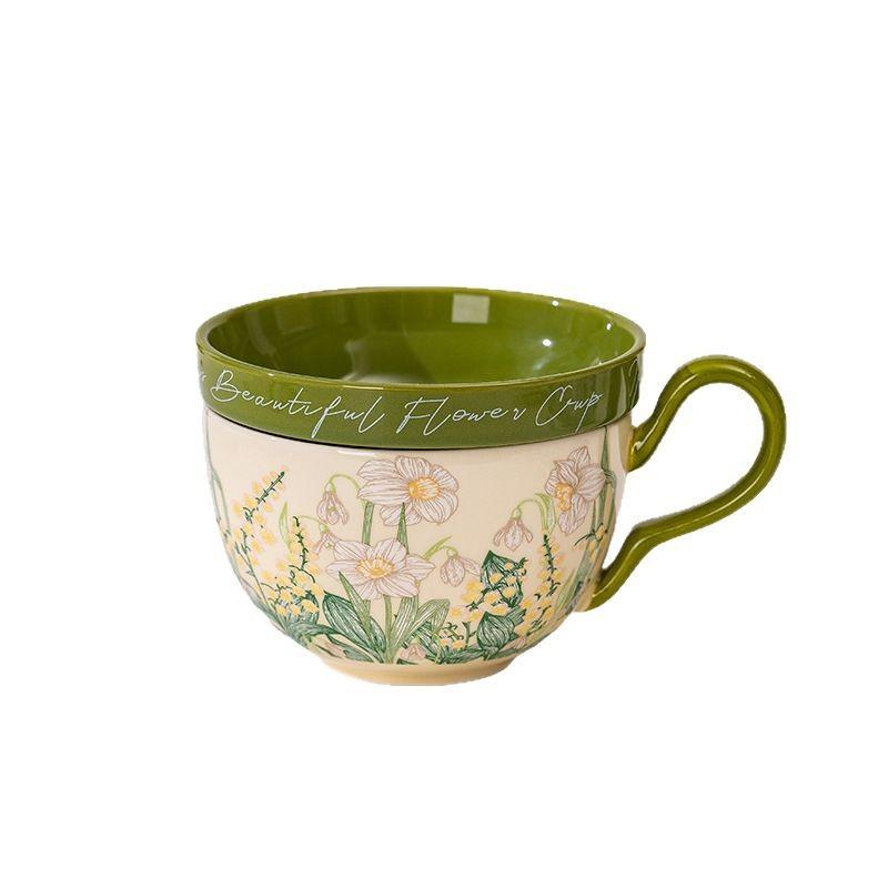 Vintage Oil Painting-Like Lily Of The Valley Blooming Coffee Cup And Saucer Set Ceramic Coffee Cup Gift Box, High-End Souvenir