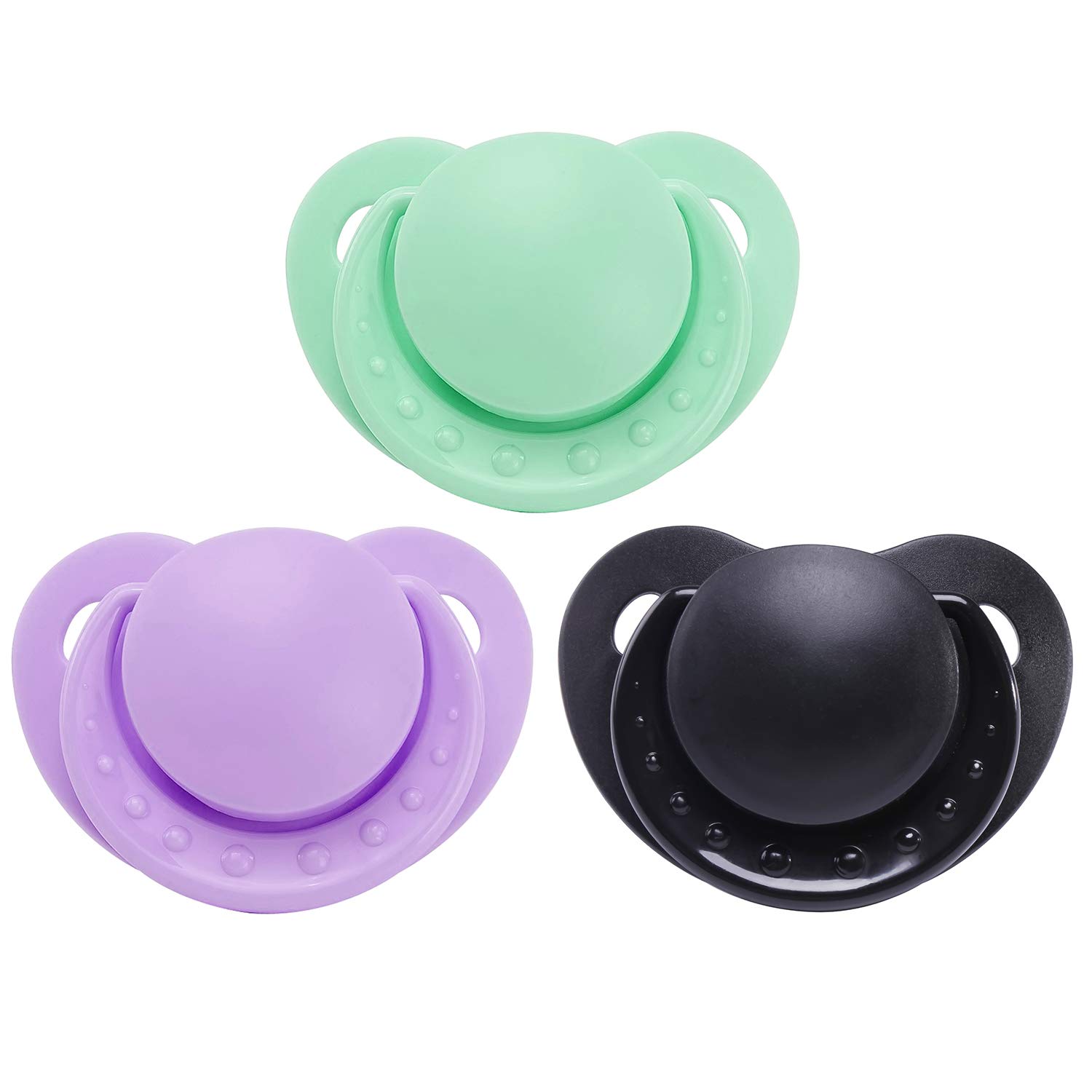 

LittleForBig Adult Pacifiers, Heart-Shaped with Dots (Set of 3) - Green, Laventer Purple, and Black