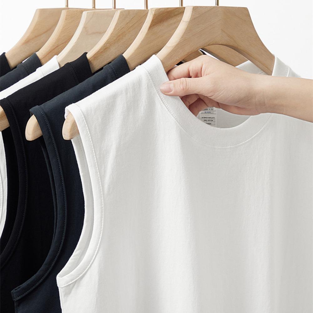 Summer 100% Cotton Men's Vest Casual Wide Shoulder O-Neck Sleeveless Tops Universal Solid Color Sports Fitness Loose Tank