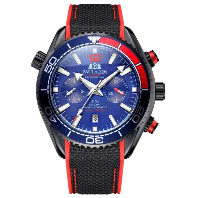 PAULAREIS Masculino Automático Auto Vento Mecânico Pulseira de Borracha de Lona Laranja Azul Vermelho Multifuncional Data Mês Relógio