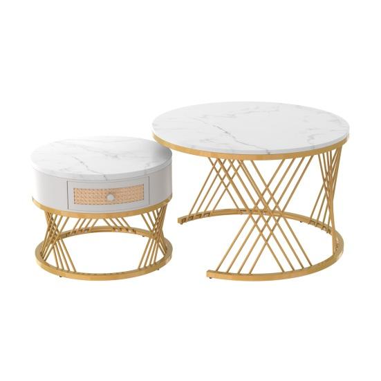 End Table 2 In 1 Round Coffee Made of MDF Side with A Marble Tabletop and Plastic Rattan Sofa Drawers Solid Wood Handles Gold-Colored Iron Legs. 70