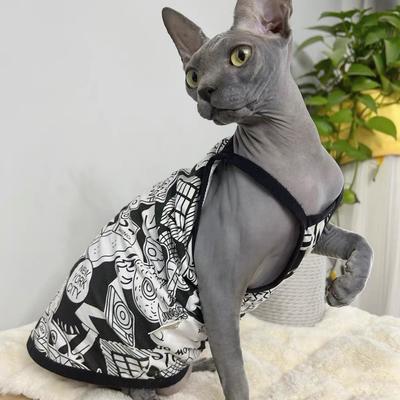 Bavlněná kreslená vesta pro kočku plemene Sphynx v létě Módní tričko pro koťata Prodyšné topy na šňůrku pro kočky Pyžama pro kočku plemene Devon Rex