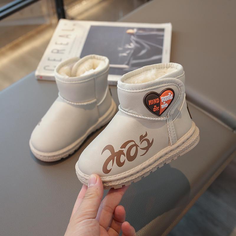 

Kids Snow Boots 2024 New Autumn Winter Fashion Boys Girls Cotton Boots Thermal Ankle Boots Children Warm Shoes Thick Plush Heart 26 бежевый
