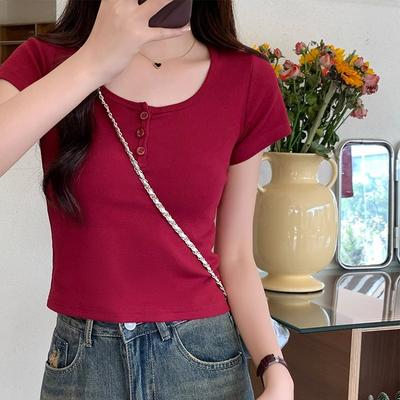 Camiseta sexy ajustada de manga corta con cuello en U en el hombro derecho para mujer, nueva básica versátil para primavera y verano, top con clavícula expuesta