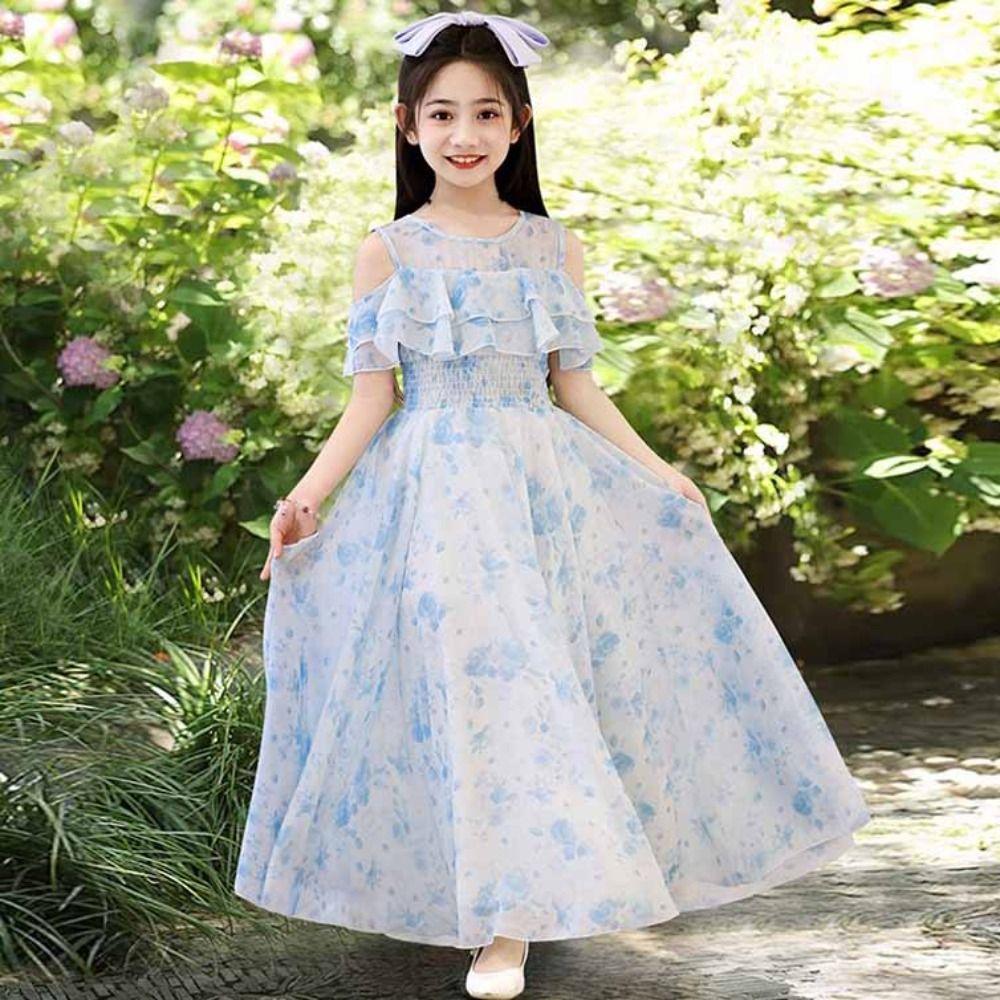 Loose Girls Chiffon Floral Dress Teenagers Children Princess Dress Summer Kids Dresses  Students