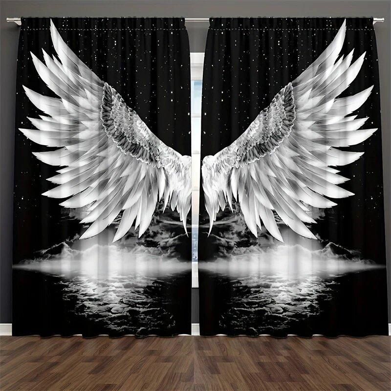2 Pieces of Angel Wings and Star Printed Curtains, Pole Bag Home Decoration, Room Decoration