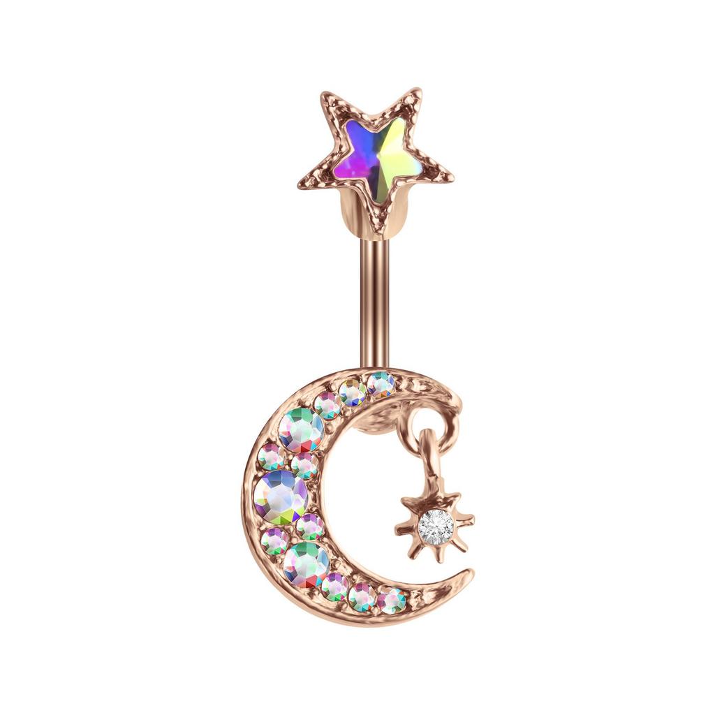 Cross-Border Moon & Star Belly Button Ring - Stainless Steel Piercing Jewelry for Women
