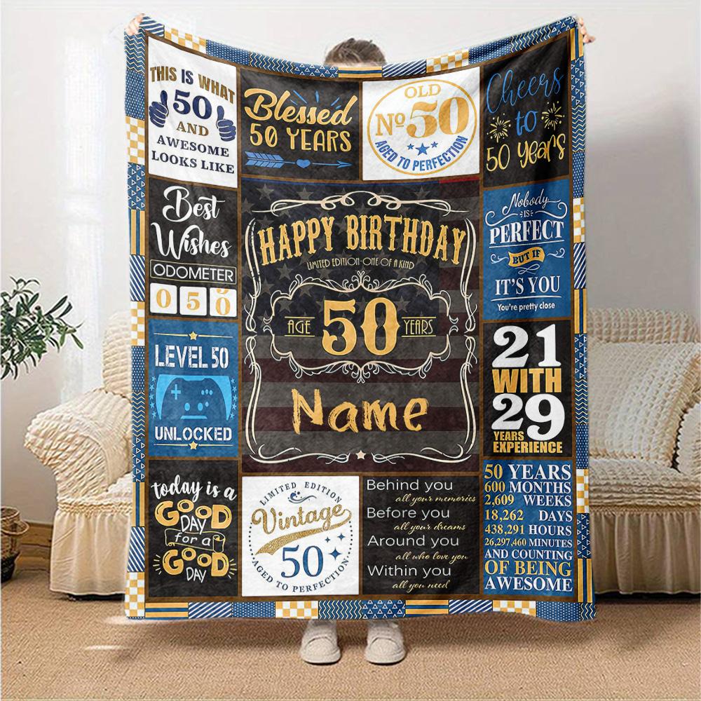 Happy 50th Birthday Blue Personalized Text Blanket Cozy Personalized Blanket Ultra-Soft Perfect for Home Decor Bed Seaside Bedding