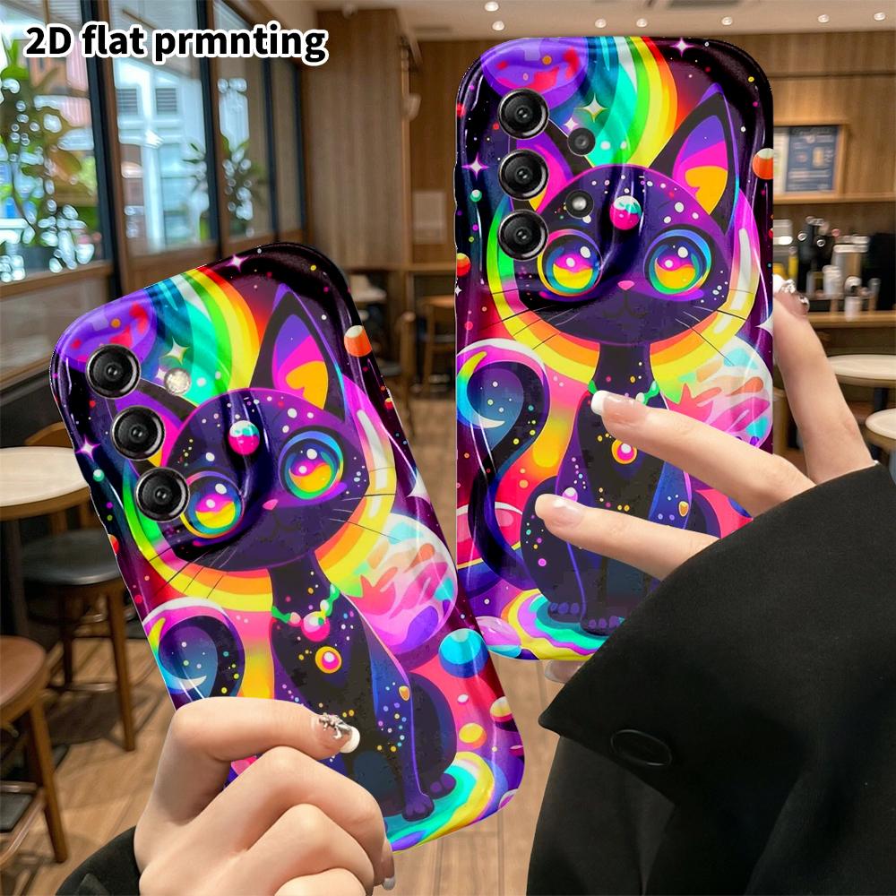 Phone Case: 2D flat, suitable for Samsung Galaxy A34 A35 M05 M06 S20 S22 S21 FE Plus 5G protective case, neon little black cat, perfect holiday gift f