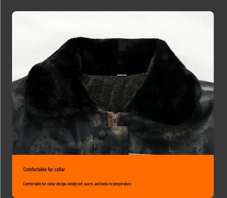 Men's Mid-Length Fleece-Lined Camouflage Overcoat - Windproof, Cold-Resistant, Waterproof, Cotton-Padded for Winter and Labor Protection.
