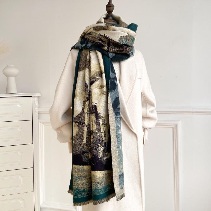 High-end imitation cashmere scarf women's winter warm thickened double-sided long shawl art color matching thick scarf