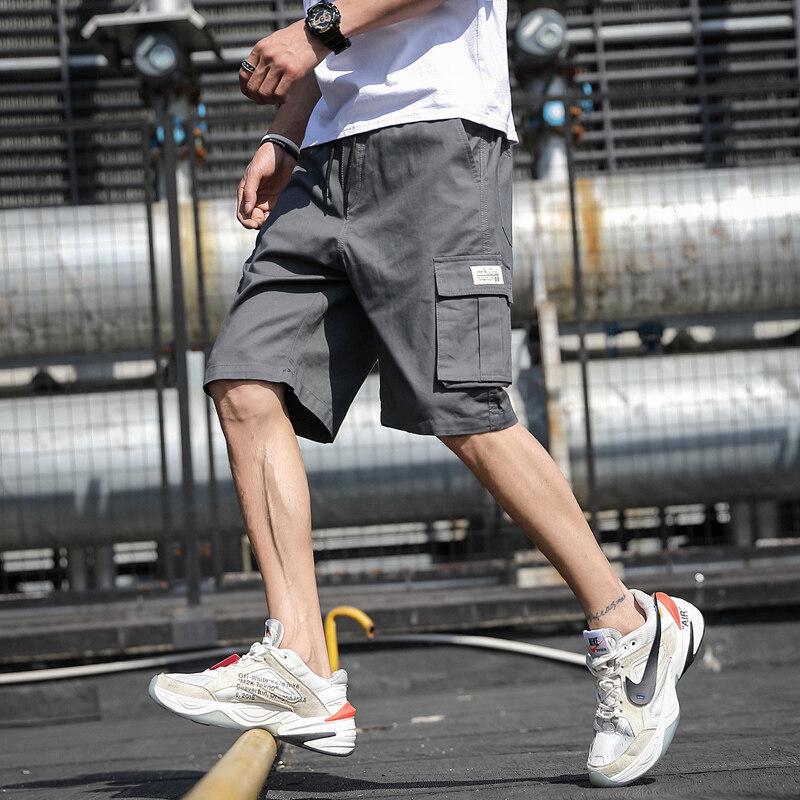 Men's Beige Cargo Shorts, Casual Loose Fit Drawstring Workwear Shorts with Pocket Label Detail