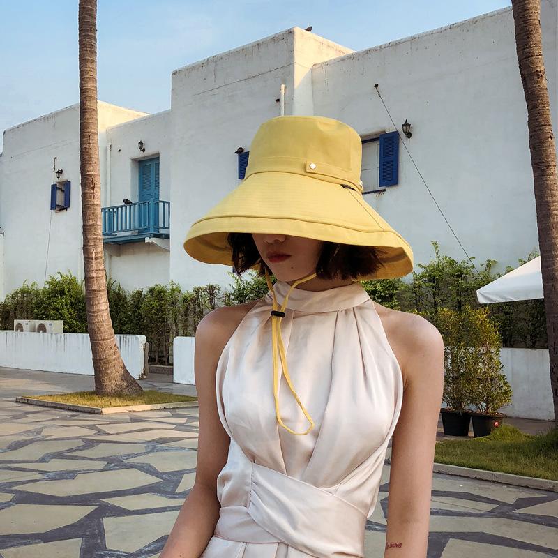 Japanese style hat women's large brim fisherman hat pure color anti-uv hiking sun hat neck protection windproof sun protection