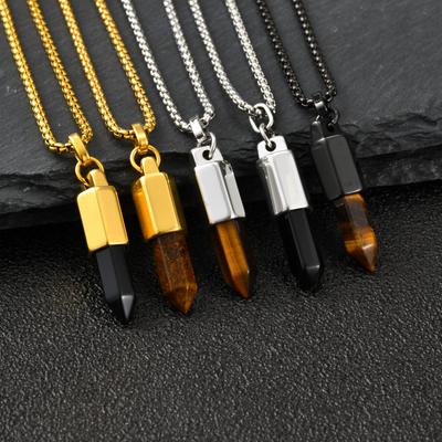 Vnox Edelstahl Kugelkette mit Tigerauge/Schwarzem Achat Anhänger, Herren Heilstein Schmuck, Vintage Kasten Kette Geschenk Neu