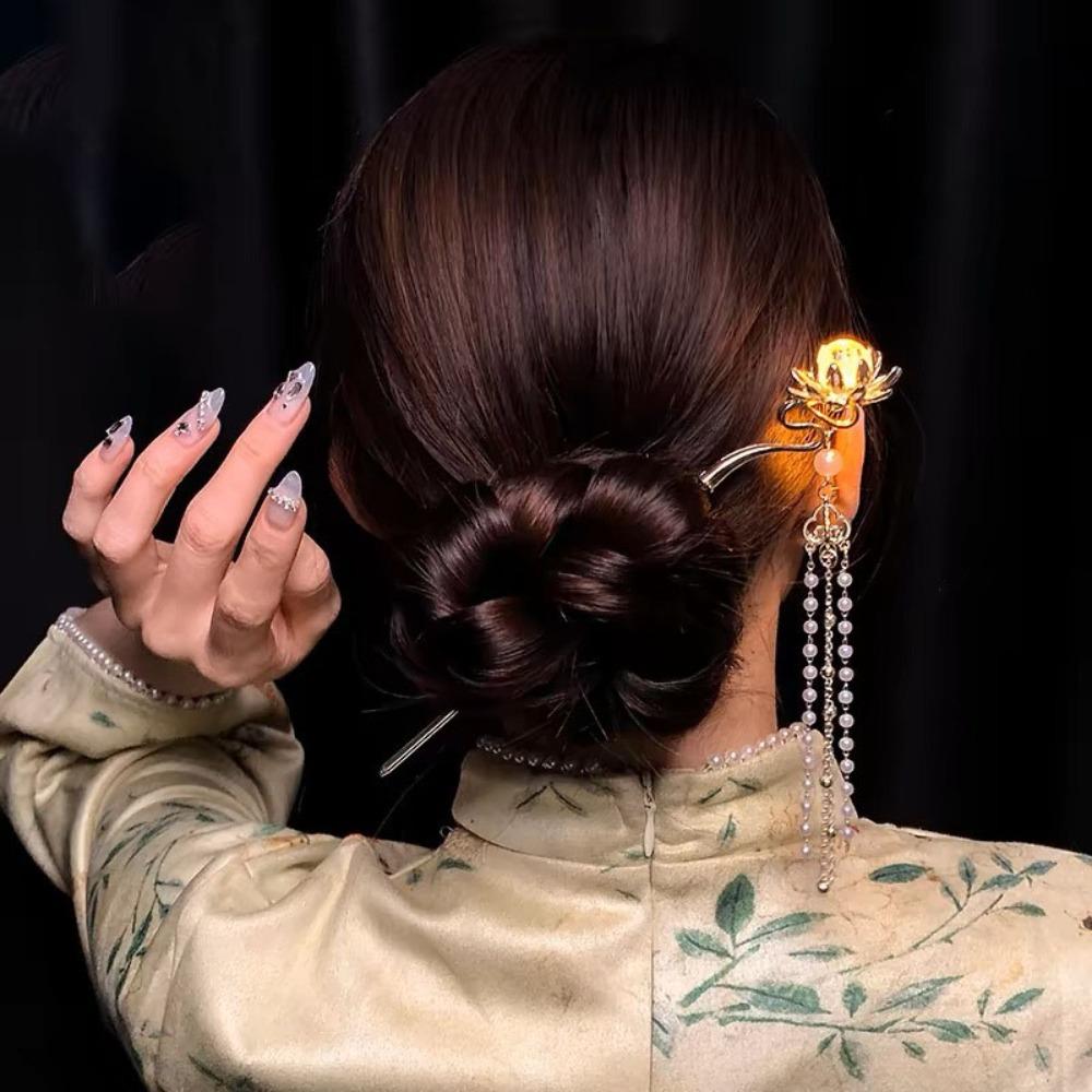 Vintage Lotus Emit Light Hairpin Chinese Style Tassel Hair Stick  For Woman Girl Hair Accessories