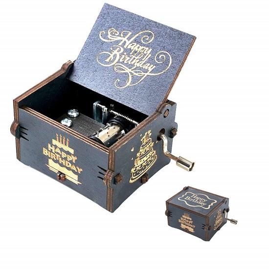 Wooden Uniq Carved Hand Crank Happy-Birthday-Black Theme Music Box
