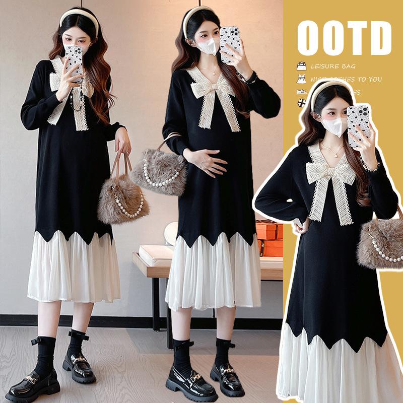2026 New Korean Style Maternity Dress with Bow & Flowy Hem in Black Medium