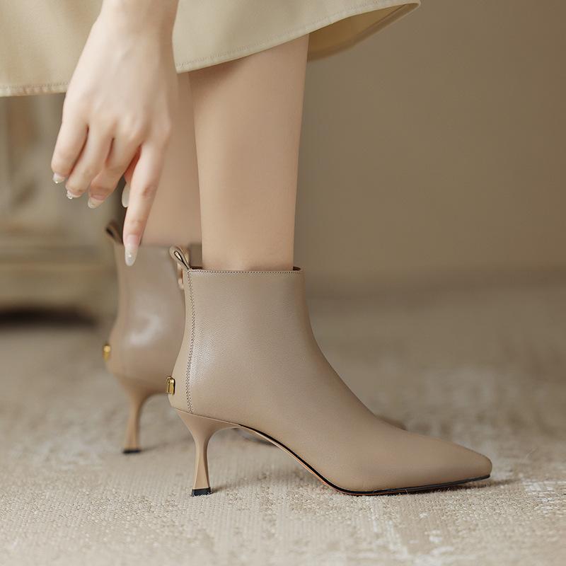 Temperament spisse høyhælte korte støvletter dame 2024 høst og vinter franske ankelstøvletter tynn hæl glidelås i siden tynne støvletter