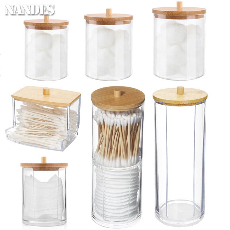 Scatola portaoggetti in acrilico Barattolo da bagno Organizer per trucchi Porta dischetti di cotone Porta cotton fioc Dispenser con coperchio in bambù Plastica trasparente