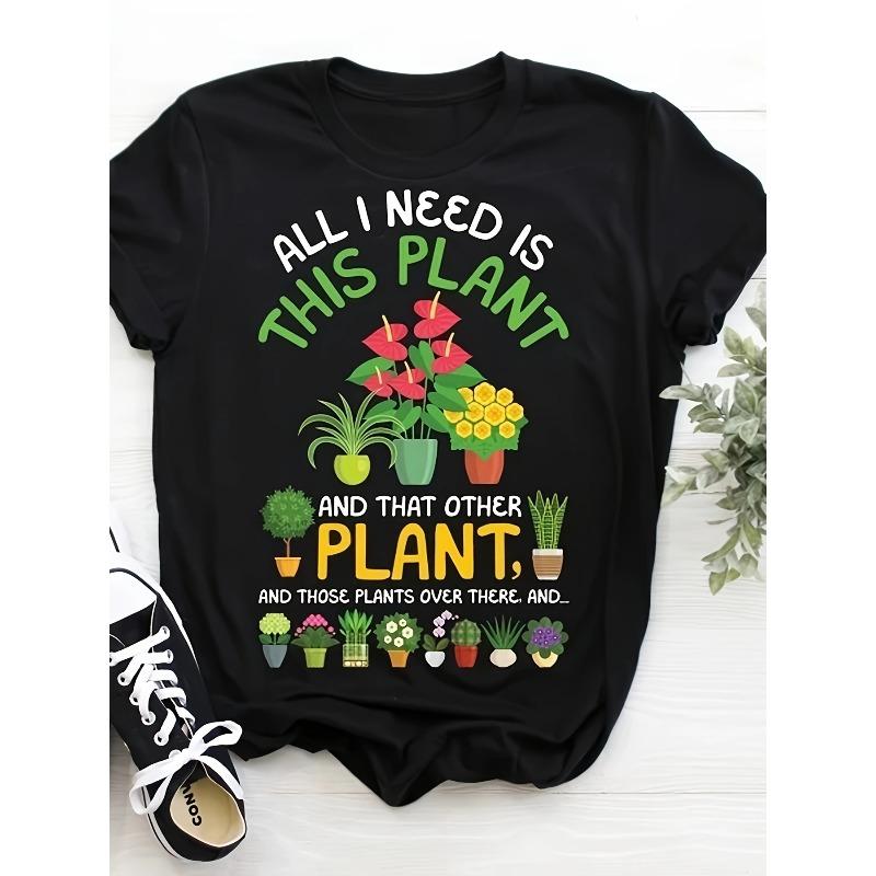 

Womens Black Retro Plant Lover T Shirt All I Need Is This Plant Botanical Print Cacti Succulents Soft Round Neck Short Sleeve Casual Top 4XL