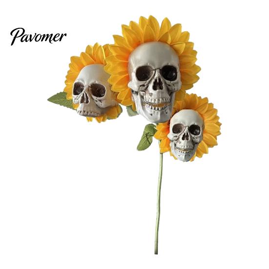 Halloween Lawn Decoration Sunflower Skull Ornament, Theme Garden Decor, Potted Outdoor Spooky Planter Plant Waterproof Decoration, for Patio