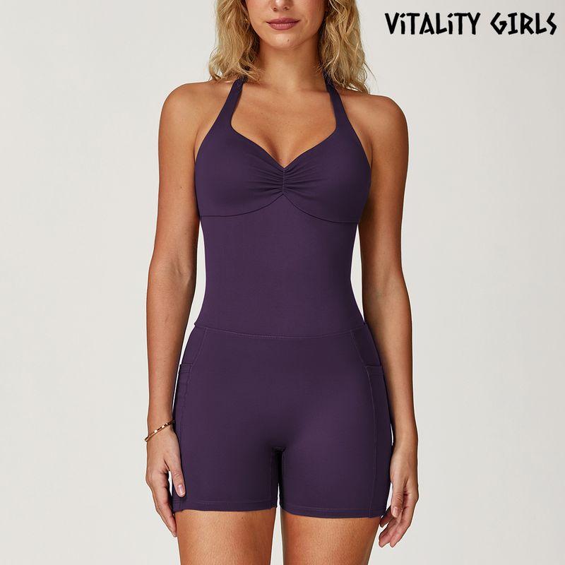 

Vitality Girls European and American Hanging Neck Jumpsuit Yoga Clothes With Chest Pad Sexy Beauty Back Sports One-Piece Shorts Grape purple S