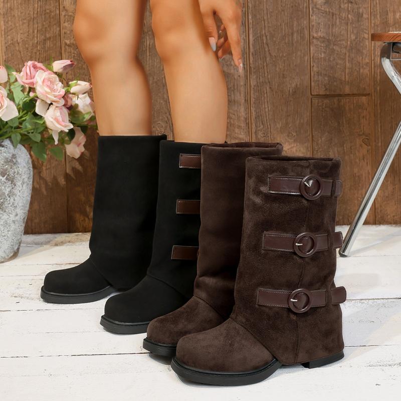 Belt Buckle Thick Heel Mid Leg Boots for Women in Autumn Winter New Style Pants Leg Western Boots Fashionable Plus Size Shoes