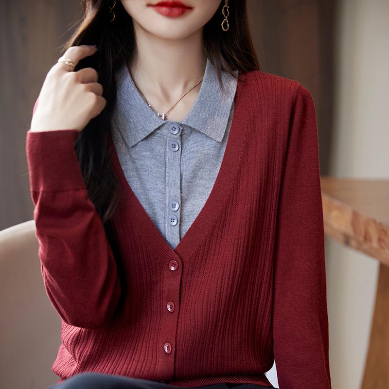Women's 2024 French Retro Two-Piece Knit Cardigan with POLO Collar - Color Block Loose Sweater Top