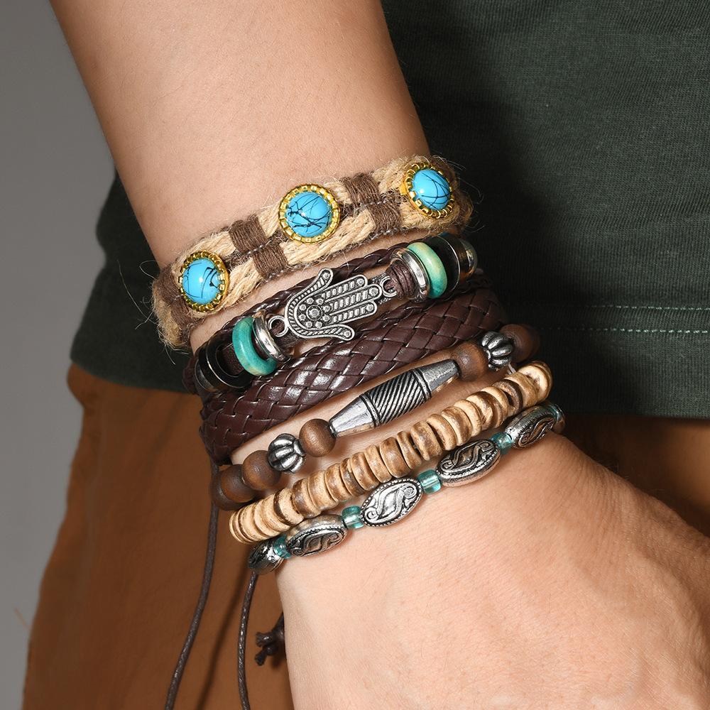 Leather Bracelets for Men Women Handmade Wrap Woven Cuff Bracelets Wooden Beaded Bracelets Vintage Ethnic Tribal Wristbands Bracelet Set Adjustable
