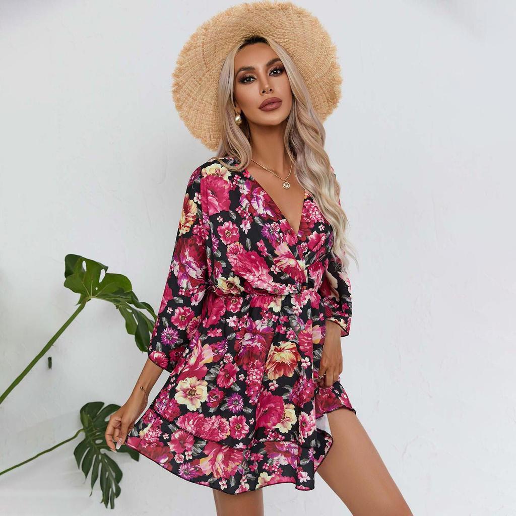 Women's Summer Ethnic Printed Short Sleeve High Waist A Line Lace Up Dress