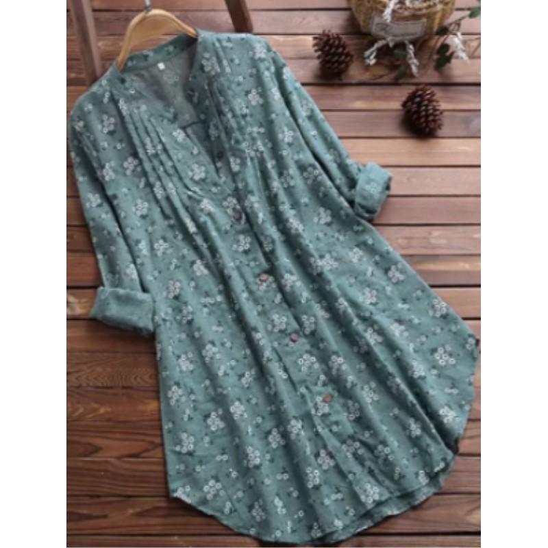 Women's Round Neck Mid-Length Temperament Loose Blouse Middle-aged Daily Casual Floral Blouse
