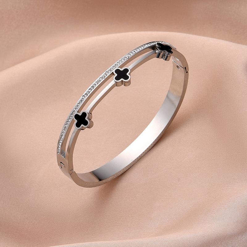 

Браслет с четырьмя листьями травы, двойное кольцо, высококачественный бриллиантовый браслет для девочек, титановый стальной наконечник, легкий роскошный браслет