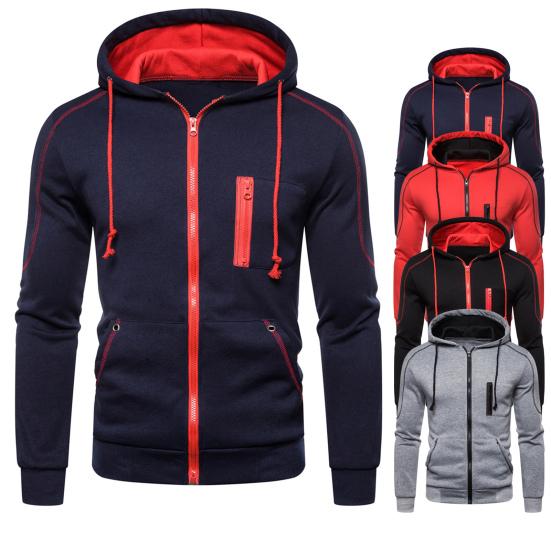 Felpa con Cappuccio a Contrasto di Colore Cappotto Cardigan Spesso Casual Manica Lunga Cerniera Cappotto da Uomo per Indossare Quotidiano