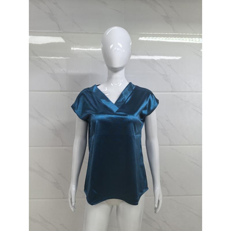 Damska koszulka Wiosna i Lato Jednolity Kolor Biznesowe Top V-neck Casual Luźne Damskie Koszulki Moda Prosty Elegancki Satynowy Biurowy Damski T-shirt