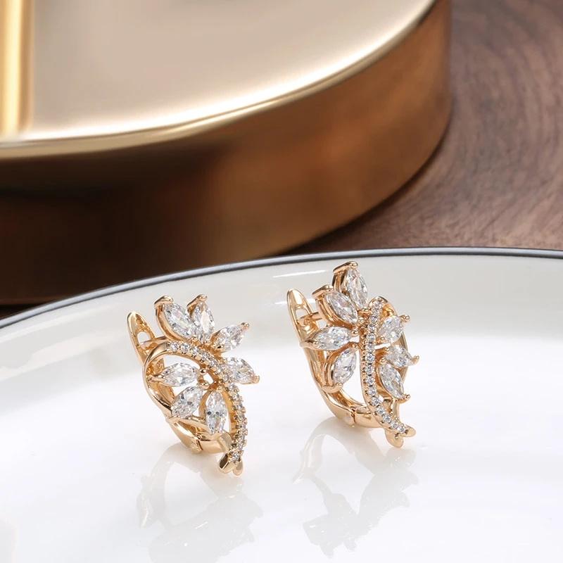 1 Paar goldene Damen-Ohrringe im Marquise-Schliff, weißer Zirkon, Mikrowachs-Inlay, Brautschmuck für die Hochzeit