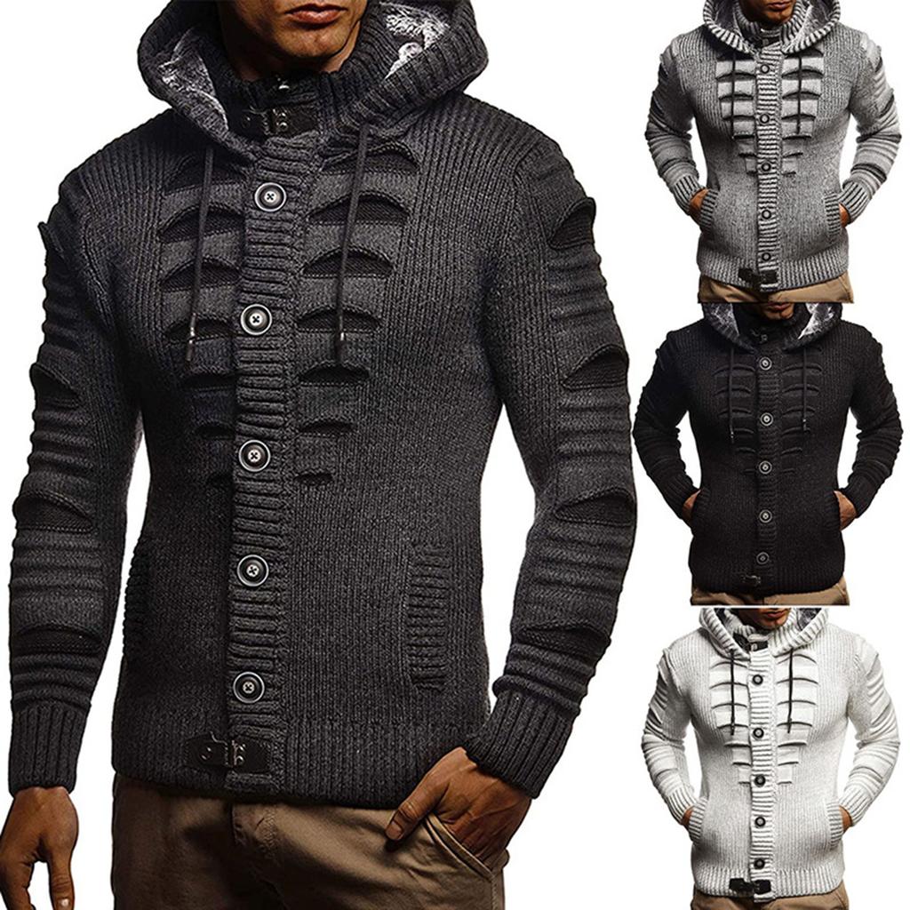 Men's Solid Color Button Sweater Men's Hooded Knitted Fleece-lined Cardigan Jacket