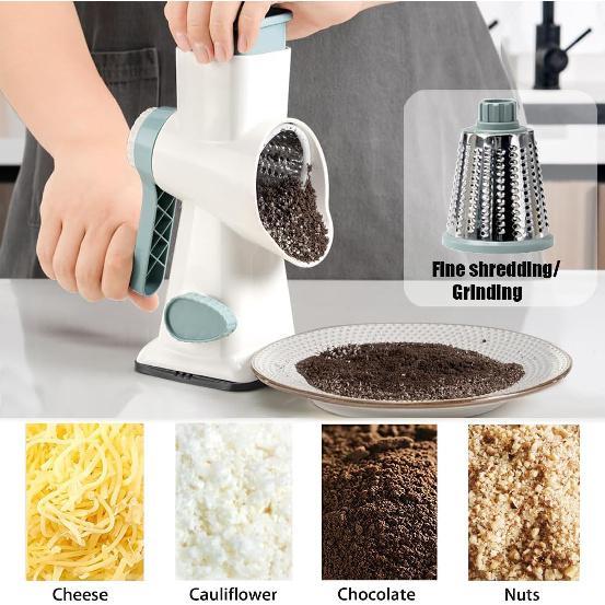 Rotary Cheese Grater Shredder with Handle Handheld Round Mandoline Vegetable Slicer Carrot Shredder Nut Grinder with 3 Replaceable Stainless Steel